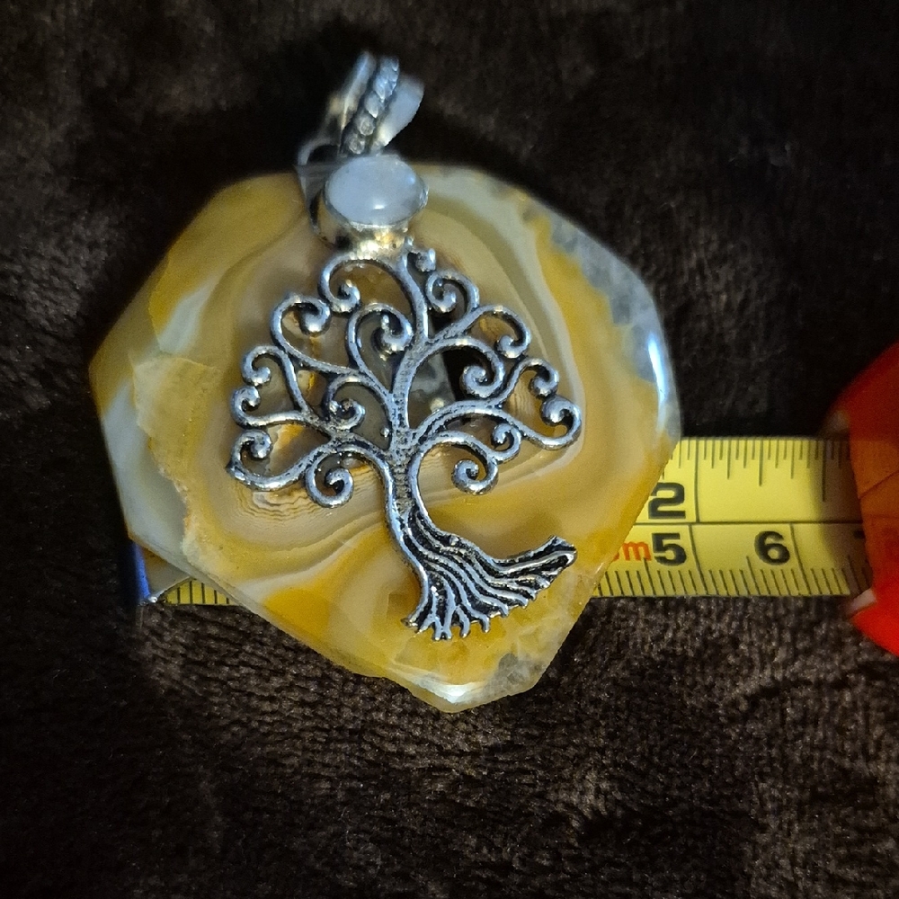 NEW --Silver Tree Pendant on Genuine Yellow Agate Gemstone !